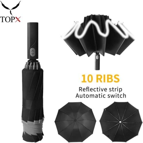 Windproof Reverse Automatic 3Folding Rain Umbrella 10 Ribs Reflective Stripe Portable Parasol Gift Women Men Rain Umbrella