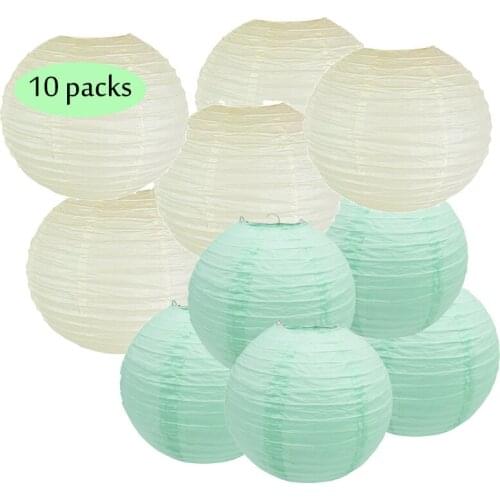 10 pcs 14" Mint Green and Beige Paper Lantern Big Chinese Round lampion for Wedding Party Christmas Xmas Hanging Diy Decor Favor