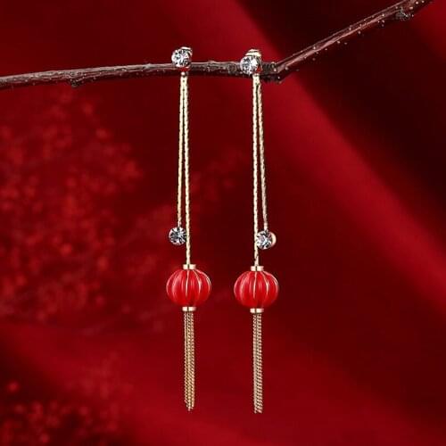 2021 Wholesale Chinese Style Red Lantern Earrings Retro Ethnic Style Long Tassel Bride Wedding Christmas Ear Jewelry for Female
