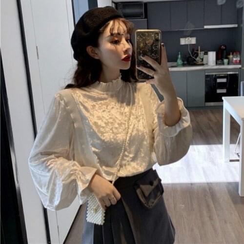 Hstar Shirts Women Loose Stand Collar Puff Sleeve French Temperament Casual Female Blouses Korean Style Autumn Chic All-match