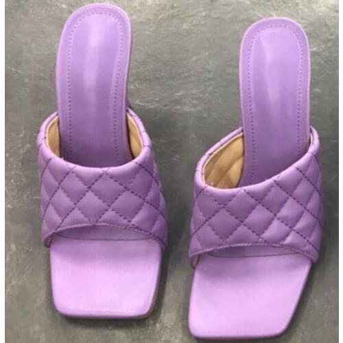 Nice Sexy PU diamond Square head Peep Toe High Heel Sandals Summer Fashion Slip On Thin Heels Sandals Women Mules Party