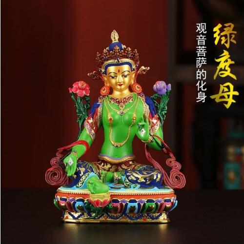 Buddhism high grade good Nepal Color drawing Guanyin Green Tara Buddha copper buddha statue HOME Temple efficacious Protection