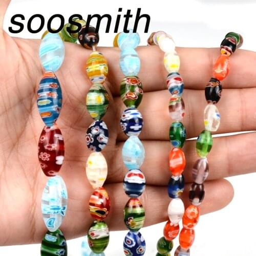 Flower Parttern Oval Shape Lampwork Beads Charms Loose Spacer Glass Beads For Jewelry Making Bracelet Necklace DIY Accessories