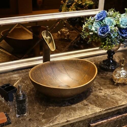 Brown Leaf Art Basin Creative Ceramic Washbasin Chinese Restoration Basin Antique leaf ceramic Wash basin bathroom sink