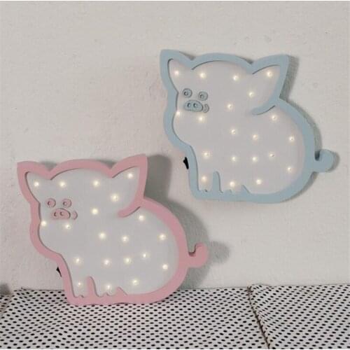 Ins style Wooden Pig lamp LED Night Light Cartoon Bedside Wall Lamp Light Children Baby Kids Bedroom Home Decorative Lighting