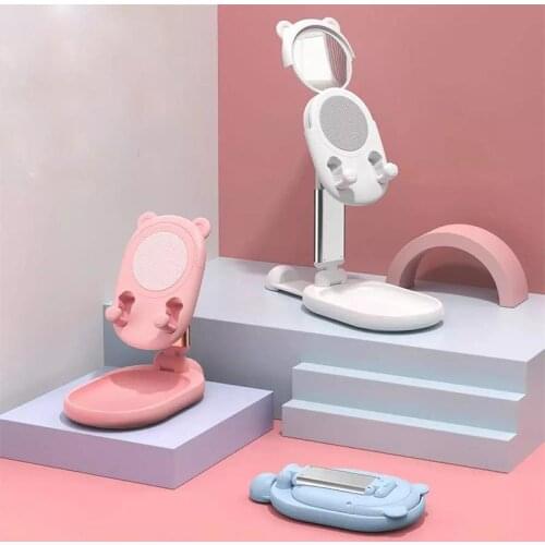 Cute Mirror Desktop Phone Holder Adjustable Cell Foldable Extend Support Desk Mobile Tablet Stand For Makeup Focus on the center