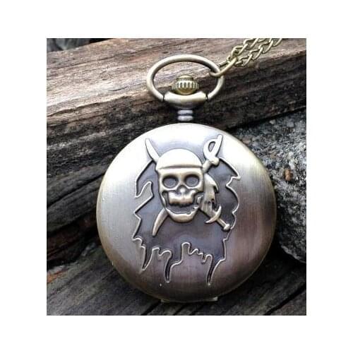 Antique Retro Bronze Vintage Pattern Pendant pirate quartz pocket watches neckalce chain Men boys gift