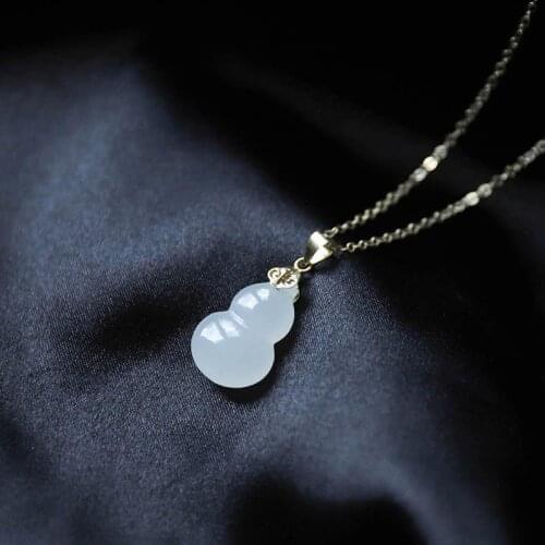New silver inlaid natural Hotan jade white gourd Pendant Necklace Chinese classical palace style elegant charm lady jewelry