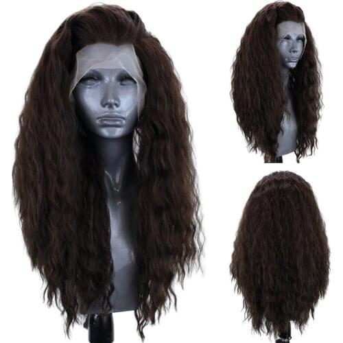 RONGDUOYI Dark Brown High Temperature Hair Synthetic Lace Front Wig with Side Part Water Wave Long Lace Wigs for Black Women