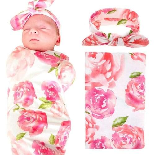 Newborn Baby Swaddle Blanket and Headband Value Set,Receiving Blankets , Pink Flower