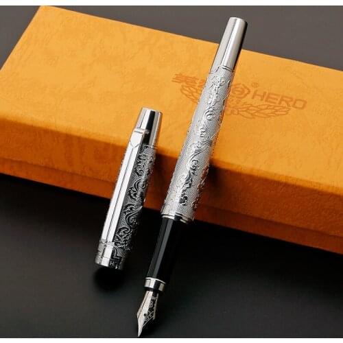 Hero103 Exquisite Silver Engraved Fountain Pen Luxury Metal 0.5mm Writing Pens Office Business Gift Stationery with a Gift Box