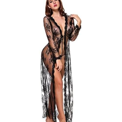 Sexy Lingerie Nightdress Ladies Lace Cardigan Long Night Gown See-through Pajamas with Panties Sexy Lingerie Porno