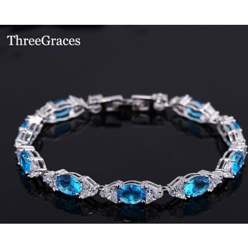 ThreeGraces Fashion CZ Jewelry White Gold Color Triangle And Oval Shape Light Blue Crystal Bangle Bracelets For Women BR003