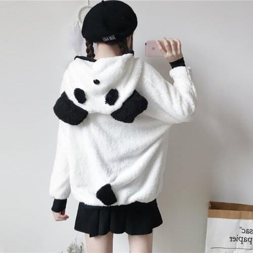 Holding your clothes corner ~ autumn and winter Japanese soft girl cute panda plush hooded zipper cardigan long sleeve jacket wo