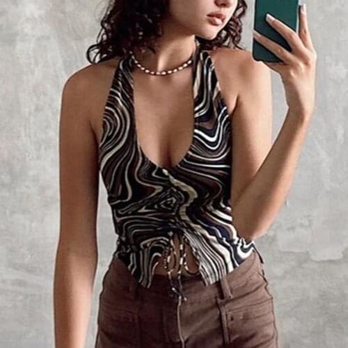 Crop Top Women Wave Print Brown Aesthetic Halter Tshirt Female Backless Sexy Corset Y2K Summer 2021 Ruched Drawstring Tanks Tops