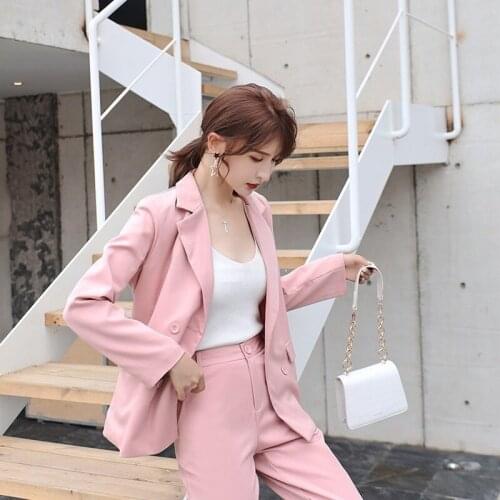 Womens suit autumn new Korean double-breasted solid color small suit jacket casual nine-point pants two-piece suit
