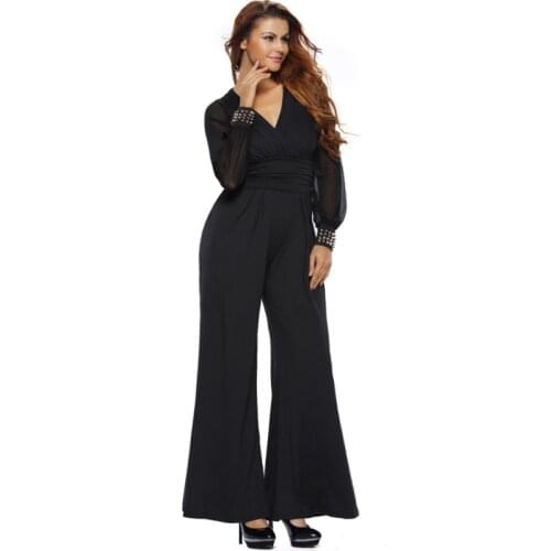 Womens New Deep V-Neck Jumpsuit Fashion Waist Loose Jumpsuit High waist Chiffon Sleeves and Studded Black Jumpsuit Pants Women