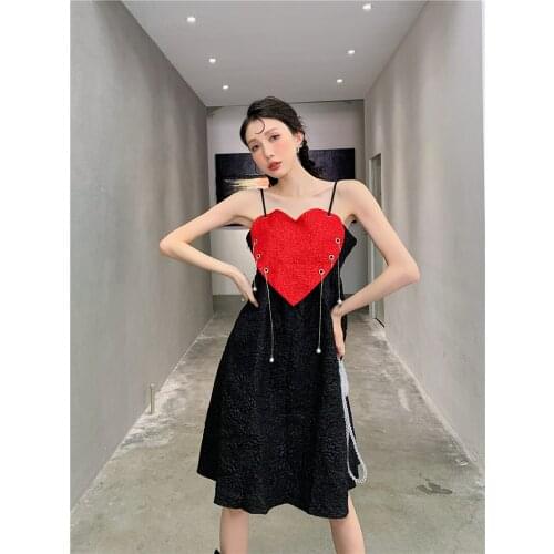 Fashion Tide Spaghetti Strap Dress For Womens 2021 Summer French Temperament Big Heart Design Mini Dresses Sweet Style