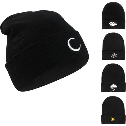 Winter Hip Hop Knitted Hat Creative Beanies Weather Embroidery Knit Skullies Hat Sun Moon Snowflake Cloud KoreanSstyle 2020 Hat