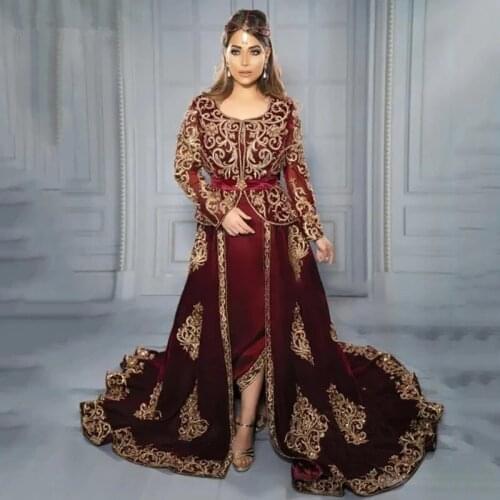Burgundy Moroccan Kaftan Caftan Muslim Evening Dresses A-line Long Sleeves Appliques Dubai Arabic Turkey Abaya Islamic Gown
