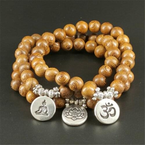 Wood Beads Lotus OM Bracelet Men Tibetan Buddhist Mala Buddha Charm Rosary Bracelet For Women Yoga Wooden Jewelry