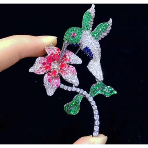 Bird and flower brooch pin fine women jewelry 925 sterling silver free shipping pave stone 56*73MM