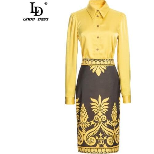 LD LINDA DELLA Fashion Designer Autumn 2 Pieces Skirt Suit Women Turn-down Collar Long sleeve Blouse and Black Printed Skirt Set