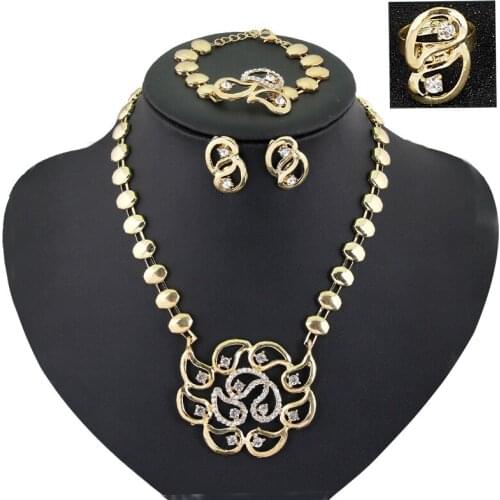 New Women Fashion Jewelry Sets Gold Hollow out Flowers Necklaces Earrings Bracelet adjustable ring Jewelry Sets & More Party