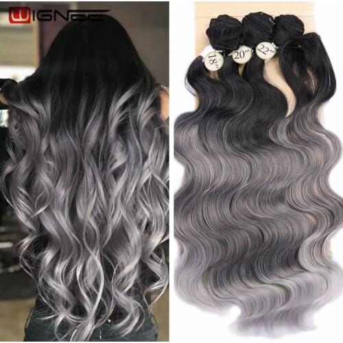 Wignee 3 Bundles With Closure Synthetic Hair Extensions For Women Natural Black Hair To Grey/Purple/Green/Blue Wavy Hair Piece