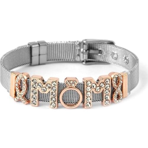 NEW keeper Stainless Steel Bangles DIY Rhinestone Charm MOM Letters Suitable For Ladies Bracelet Gifts