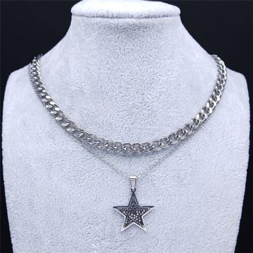 2PCS Witchcraft Pentagram Stainless Steel Black Crystal Necklaces Women Silver Color Chain Necklace Jewelry joyas N4862S03