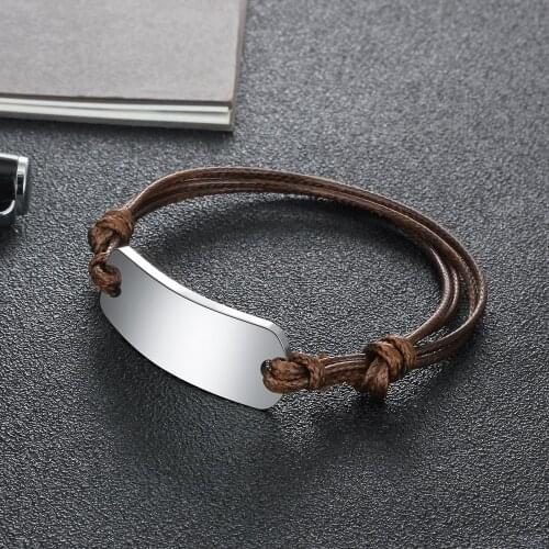 Personalized Engraved Name ID Bracelet for Men Adjustable Leather Wrap Bracelets & Bangles Gifts For Dad Boyfriend