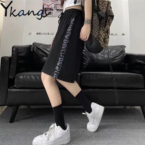 Gothic Thorns Letter Print Black Running Shorts Women High Waist Korean Style with Pocket Summer Ulzzang Y2k Biker Shorts Female