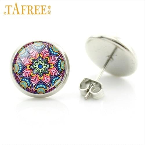TAFREE Vintage Hippie Mandala Stud Earrings Pompom Bohemian Paisley Meditation flower earring fashion 2017 jewlery A456