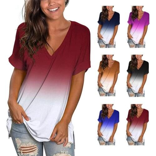 Female Tie-Dye Gradient T Shirt Women V-Neck Color Short Sleeve Spread Out Under The Fork Casual Vintage Summer Clothes