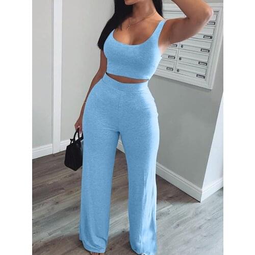 Two piece set women tank crop top+straight pants ensemble femme White lounge wear matching sets 2 piece sets womens outfits