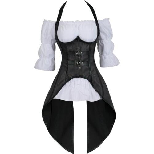 Corset Bustiers 2 Piece Outfits for Women Steampunk Halter Striped Underbust and White Blouse Set Carnival Dance Party Costumes