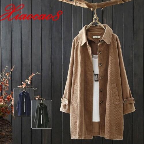 Plus Size Khaki Blue Corduroy Women Trench Coat Solid Pockets Turn-down-Collar Trench Coat for Women Autumn Outerwear Clothes