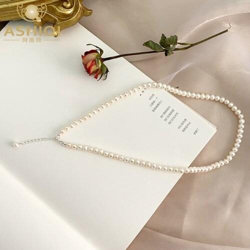 ASHIQI Natural Freshwater Pearl Necklace 925 Sterling Silver Chain Fashion Jewelry for Women