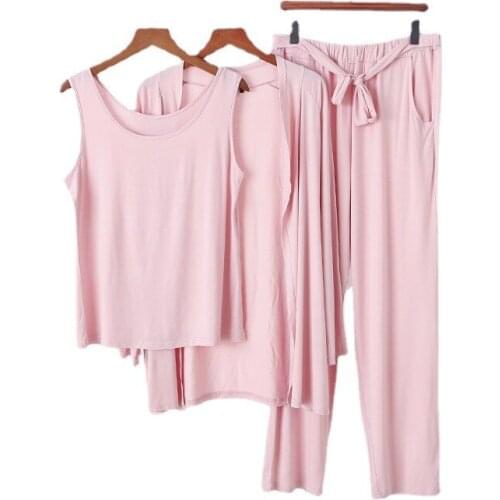 3PCS Women Kimono Pajamas Sets Lounge Modal Pyjamas Sleep Suit Soft Sleepwear Nightwear Summer Vest Bathrobe&Pant Home Wear
