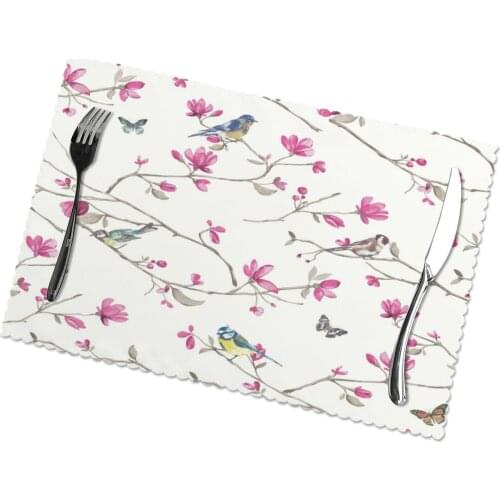 6 PCS Placemat Pink Flowers And Birds Butterflies Fabric Table Mats Tableware Kitchen Tool Table Mats