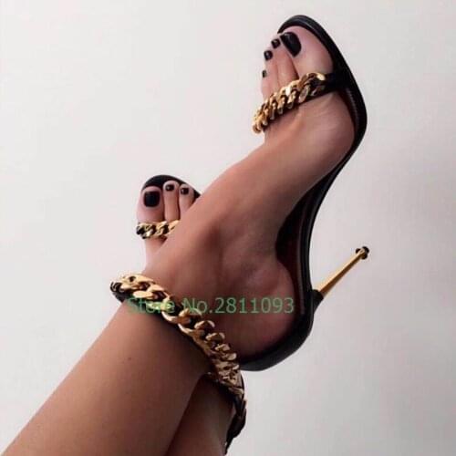 Metal Chain Thin High Heel Sandals Cut Out Open Toe Black Suede Dress Ladies Shoes Cover Heel Ankle Buckle Women Sandals Shoes