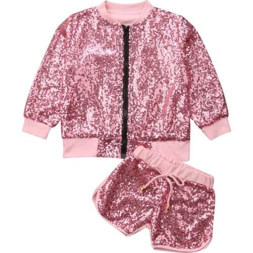 Brand New Fashion Sequins Toddler Kid Baby Girl Outfits Clothes 2PCS Pink Jacket Coat Outwear + Shorts Sets