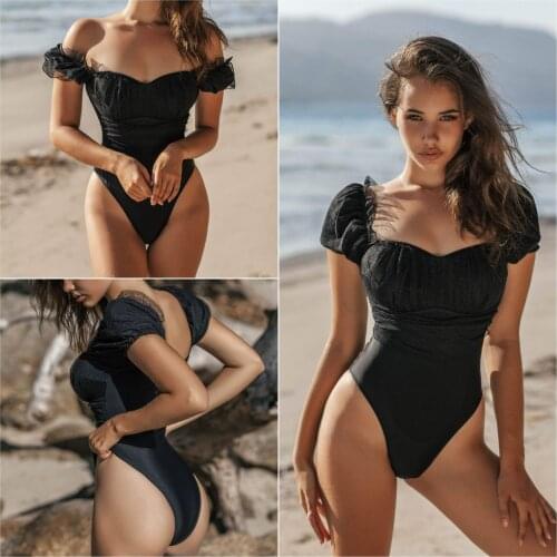 One-piece swimsuit sexy mesh stitching bubble sleeve one-piece bikini girl black word shoulder beach suit
