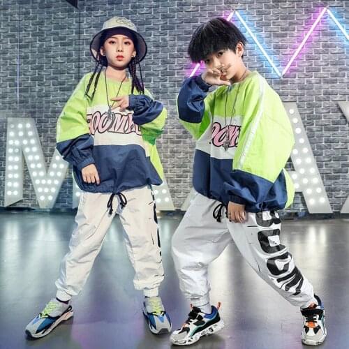 Children Hip Hop Clothing Green Sweatshirt Shirt Tops White Pants for Boys Girls Dance Costumes Wear Ballroom Dancing Clothes