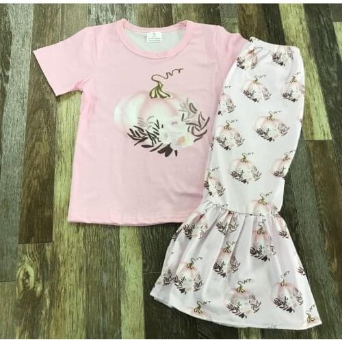 2021 Kids summer Clothing Baby Girl plump pumpkin flower print pink round neck top flared trouser set