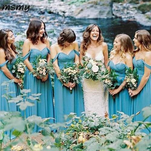 Simple A-Line Off-the-Shoulder Sky Blue Chiffon Long Bridesmaid Dressese Party Prom Dresses Custom Made Custom Made