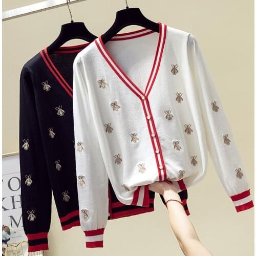 Fashion Designer Bees Embroidery Cardigan 2019 Autumn Women Knitted Sweater Coat V-Neck Single Breasted Outwear Female Cardigans