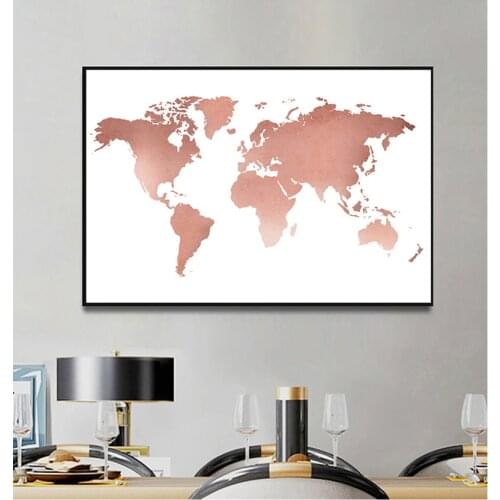 Painting for Living Room Home Wall Art Picture Rose Gold World Map Print Office Decor , Minimalism World Map Poster Canvas