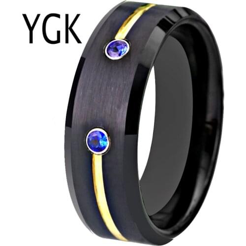 Classic Anniversary Gift Ring Tungsten Wedding Band Engagement Rings For Women Mens Black Tungsten Ring Golden Groove Blue CZ